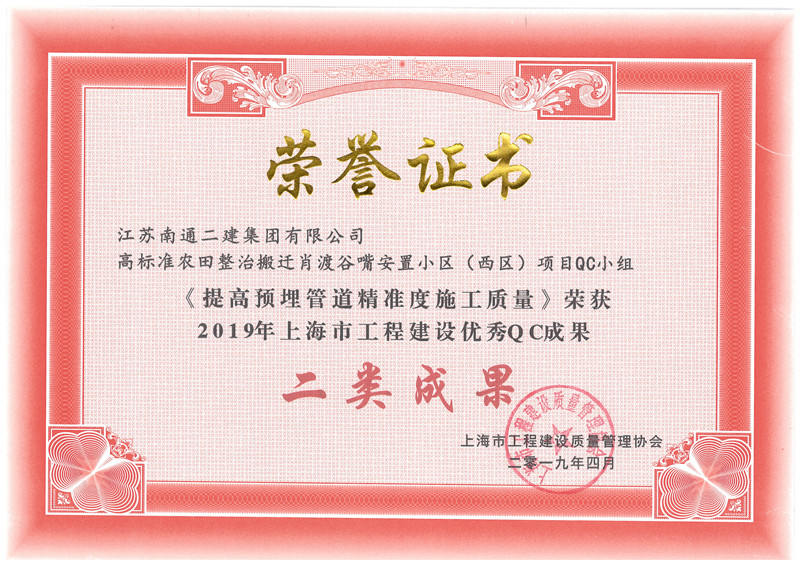 2019年上海市工程建設優(yōu)秀QC二類成果